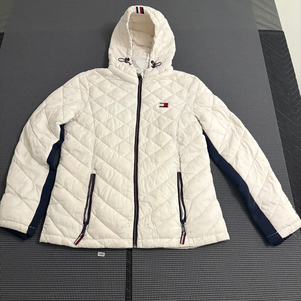 Tommy Hilfiger Womens White Quilted Hooded Puffer Jacket Navy Accents Size M